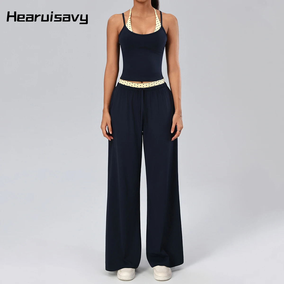 Hearuisavy Ensemble de yoga 2 pièces pour femmes, débardeur de sport à pois superposés, pantalon de fitness à taille haute et jambes larges droites, vêtements de sport pour la salle de sport