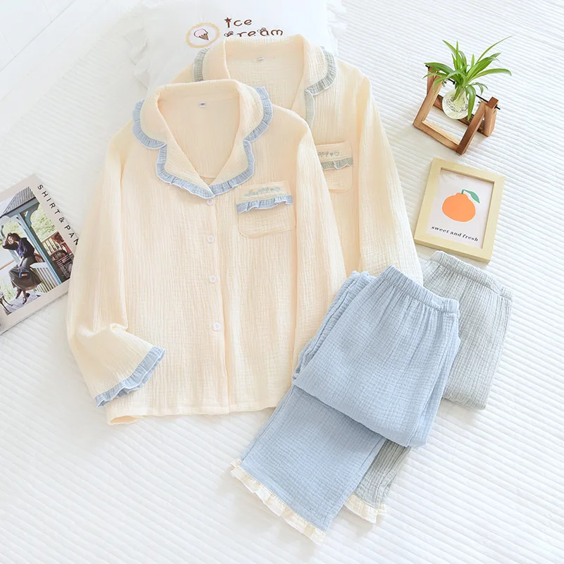 Pyjama en crêpe 100% coton pour femme, pantalon à manches longues, deux pièces, couleur assortie, costume de service à domicile, nouvelle collection printemps et automne
