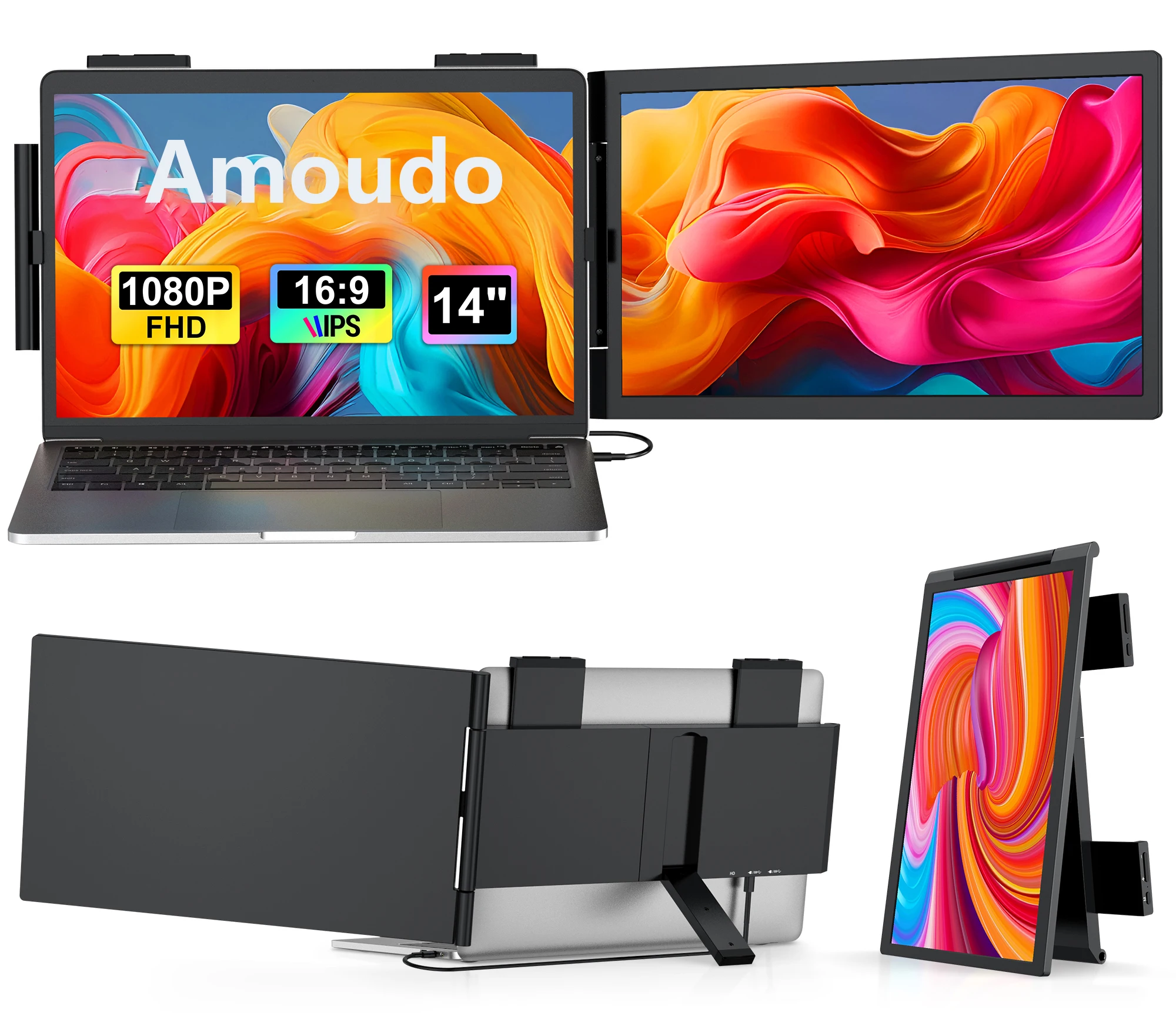 Amoudo, écran portable de 14 pouces, résolution FHD 1920 x 1080p, 60 Hz, écran IPS, moniteur pour ordinateur portable, extension d’écran, double écran pour ordinateur portable, compatible Windows, Mac et Android, moniteur portable.