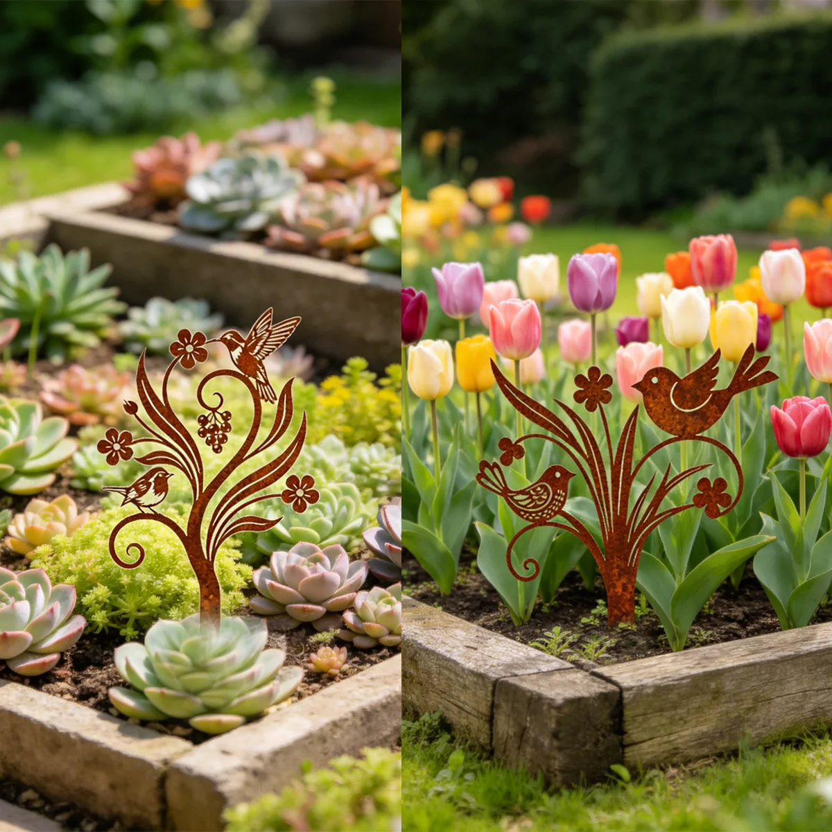 1 piquet décoratif de jardin en fer, style rustique, panneau de jardin à motif d'oiseau, décoration florale en métal pour jardin, sculpture d'oiseau en métal, art de jardin