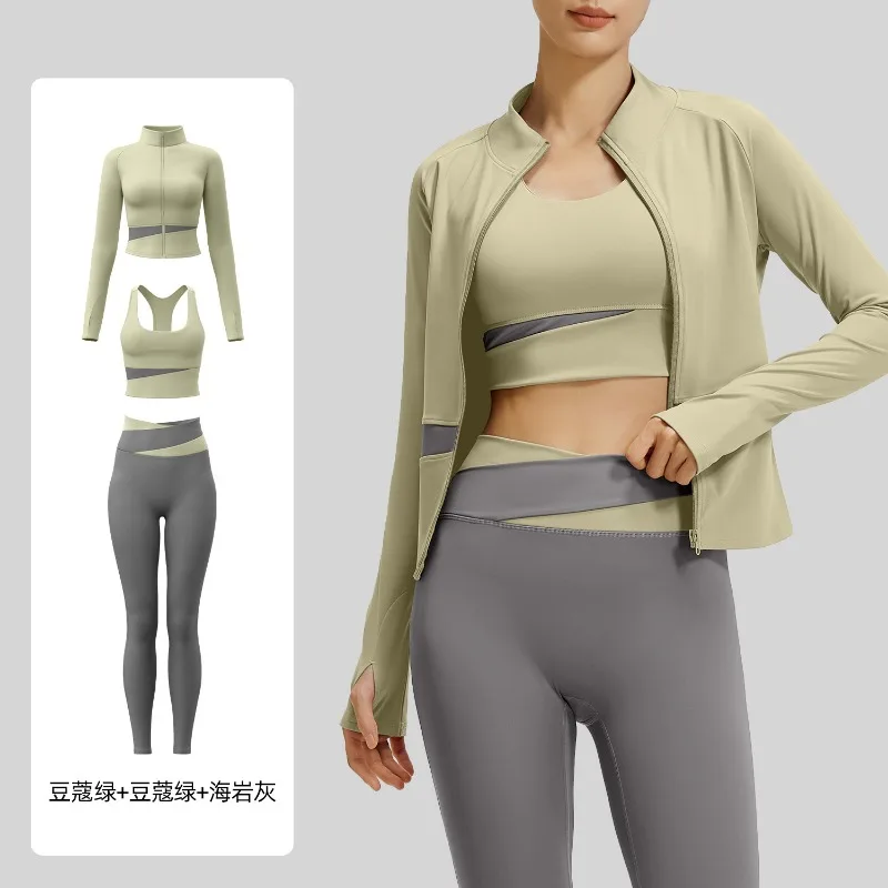 Ensemble de Yoga 3 pièces vêtements de sport vêtements de sport costumes de Yoga pour femmes à manches longues haut court ensemble de Fitness survêtements soutien-gorge de sport Leggings de gymnastique