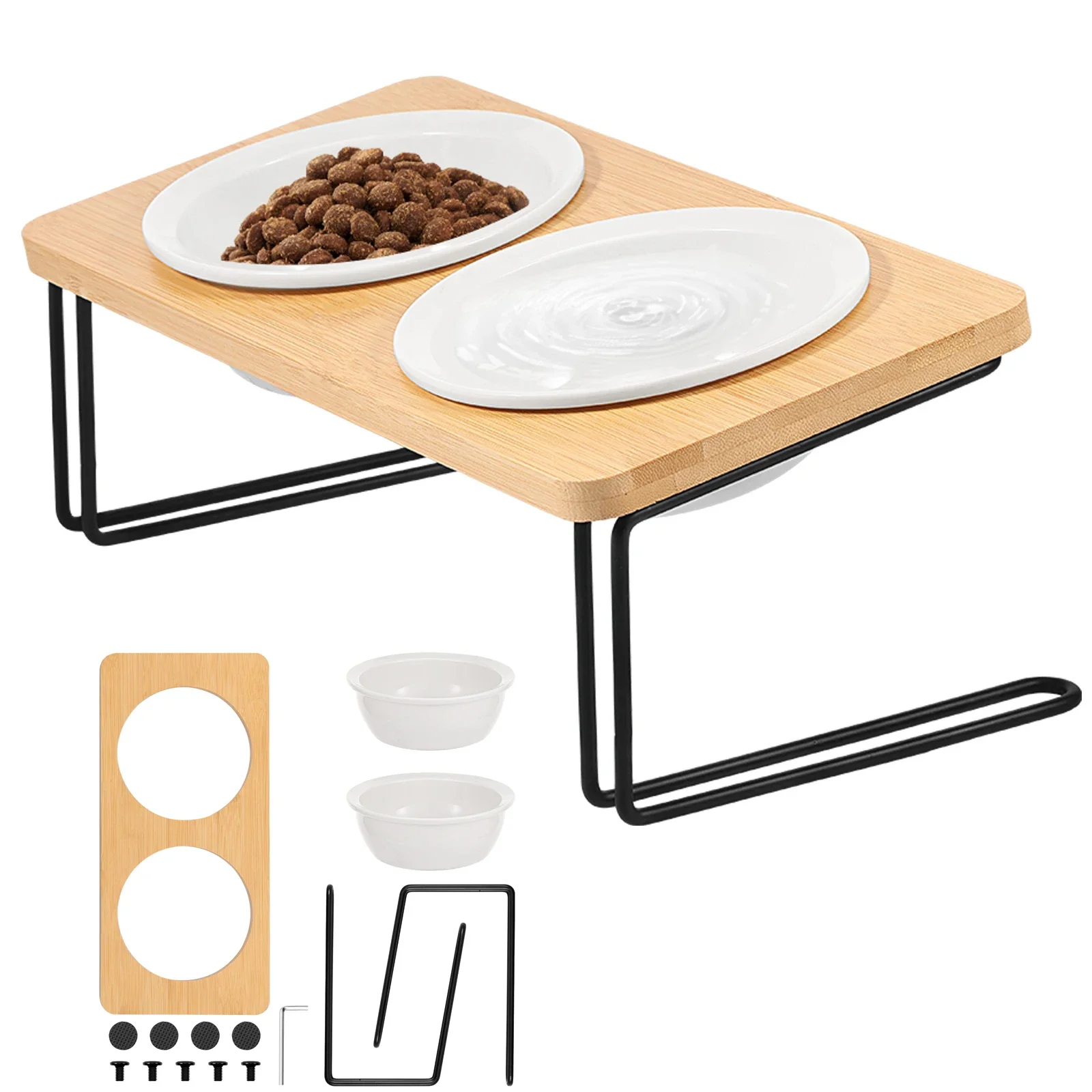 Bols surélevés pour chats, distributeur de nourriture pour animaux de compagnie 15 ° Bols de nourriture pour chat surélevés inclinés avec support en bois, nettoyage facile, kit de bols de nourriture pour chat amovibles