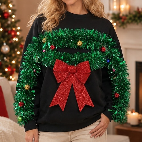 Noël Cadeaux Sweat-shirt de Noël moche Couronne de Noël Nouveauté Drôle pour Femmes Adultes Noël Nouvel An la veille de Noël Offrir des cadeaux Réunion de famille Nouveaux Ustensiles de Cuisine Haut