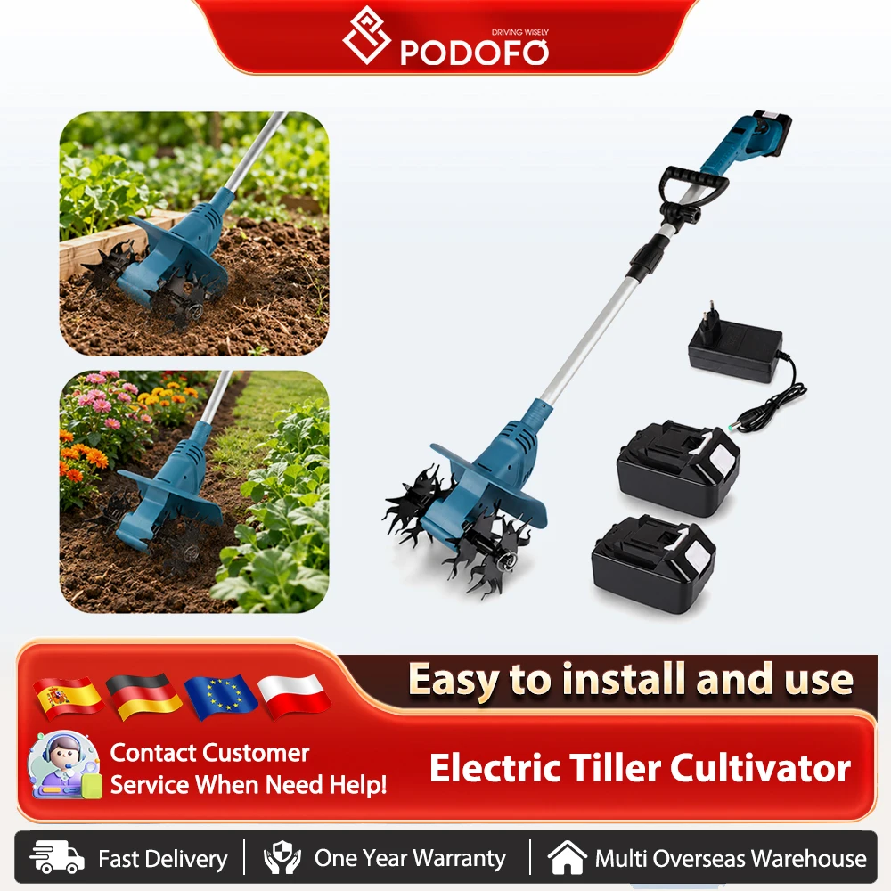 Podofo Motoculteur Électrique Sans Balais, Tondeuse à Gazon, Outils de Jardinage Électriques, Motoculteur Sans Fil, Motoculteur de Jardin Entièrement Motorisé avec 4 Lames, Motoculteur Portatif pour