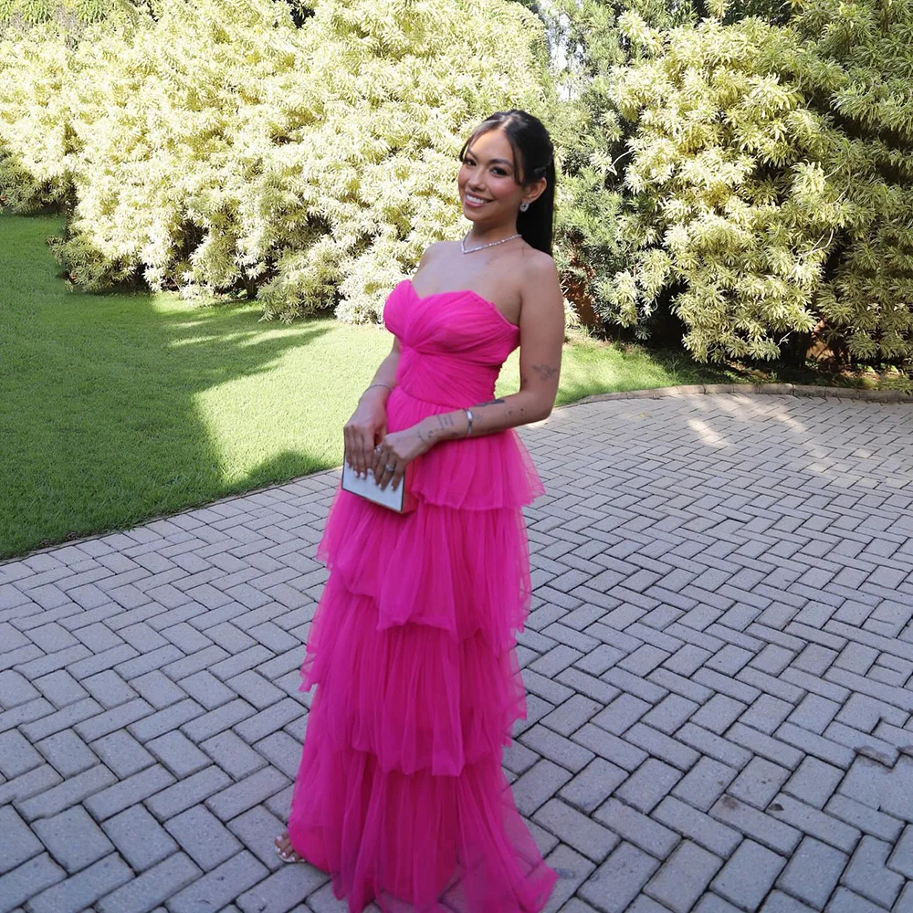 Msikoods Customized Hot Pink Tulle Evening Dress Sweetheart A Line Prom Dress Tiered Ruffle Graduation Gown Wedding Party Dress