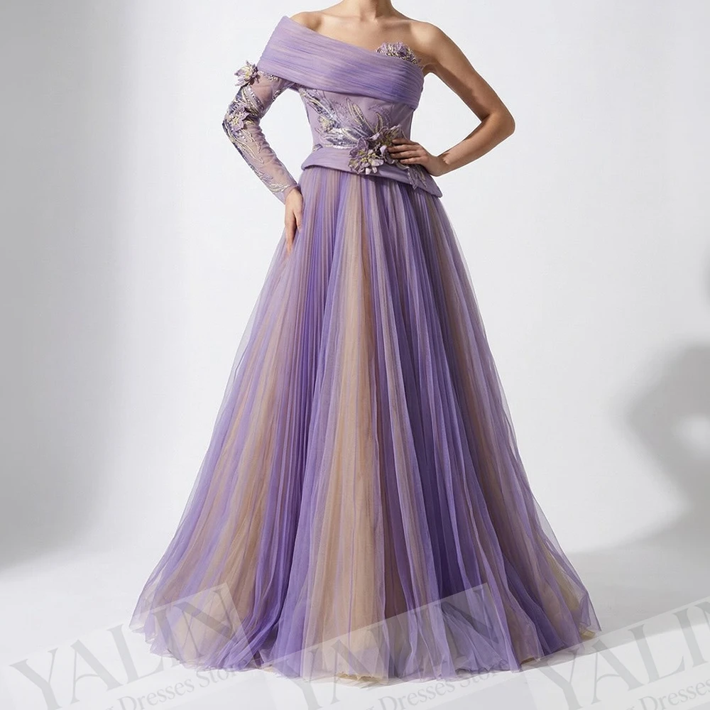 Women's A-line Evening Dresses Floor-length Off The Shoulder Full Sleeve Prom Dresses Fashion Beading Flowers Customized Gowns