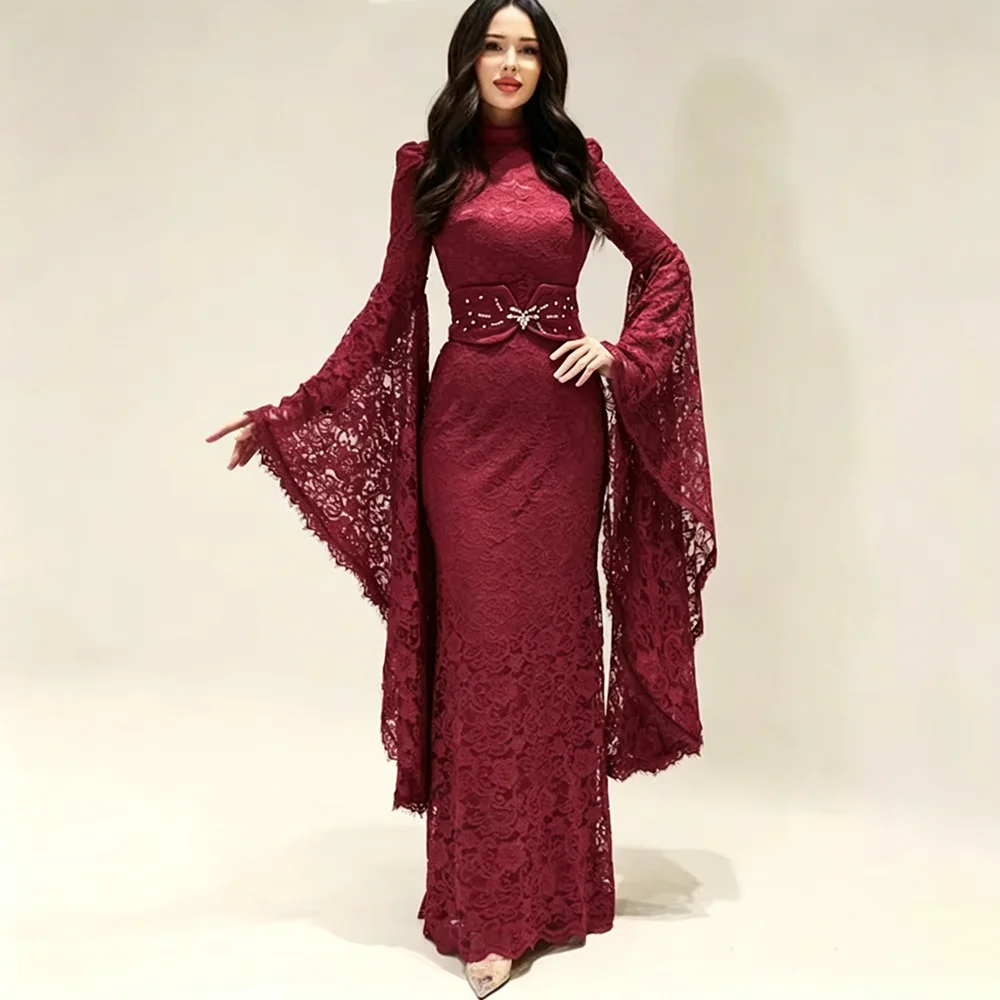 Lace Evening Dresses Bat Sleeve Column O-neck Sheath فساتين سهرة Empire Waist Beaded Long Formal Occasion Prom Dress Customized