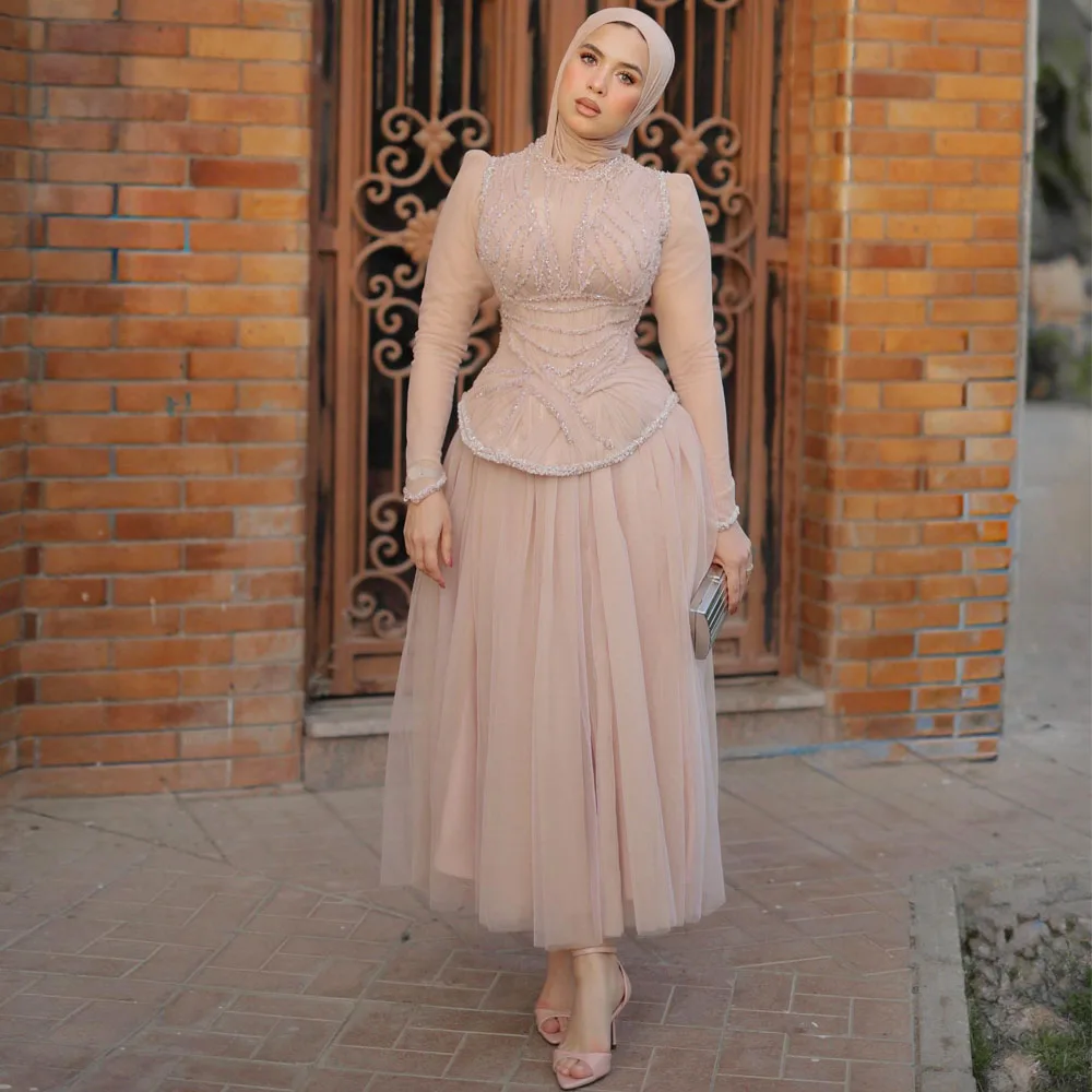Customized Luxury Beaded Peplum Prom Dresses Mesh Sleeve Ankle Length Arabic Wedding Guest Gown Blush Pink Ramadan Outfit