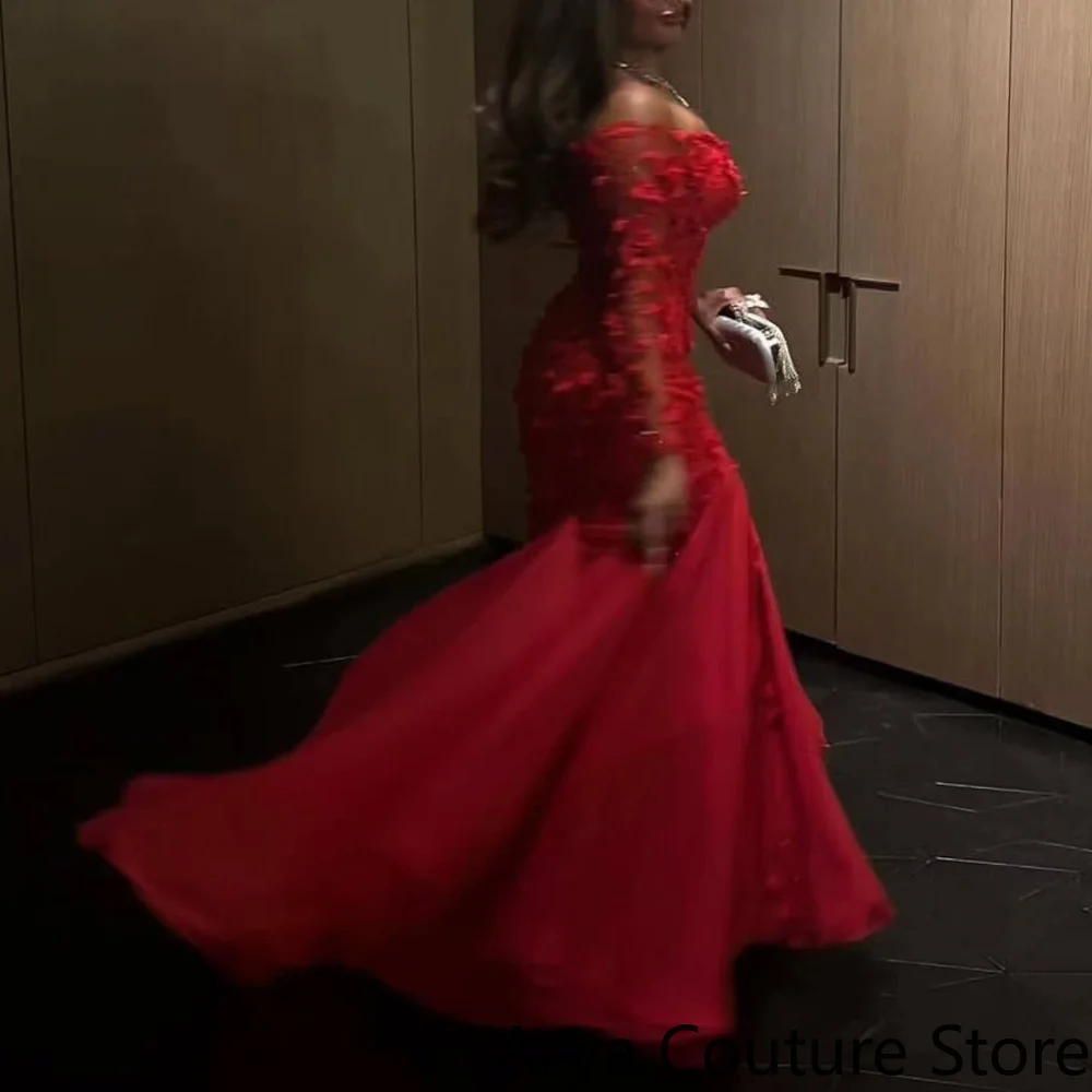 Customized Luxury Red Evening Gown Off‑Shoulder V‑Neck Long Sheer Tulle Sleeve 3D Handmade Floral Applique Sequin