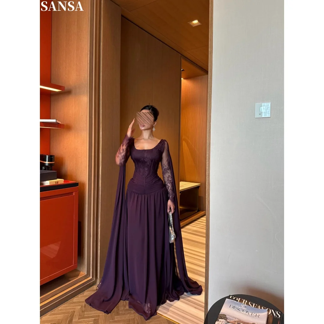 Sansa Customized Sparkly Deep purple Long Sleeve Prom Dresses Lace Embroidery vestidos de noche shawl Slim-Fit Formal Evening