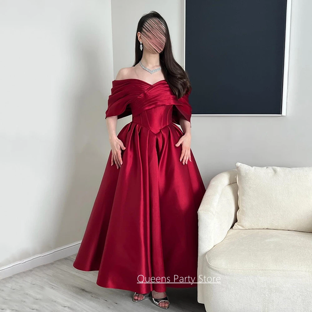 Fashion Evening Dress Customized Off The Shoulder V Neck Ruched Ankle Length A Line Satin Formal Party Dresses Prom Gown