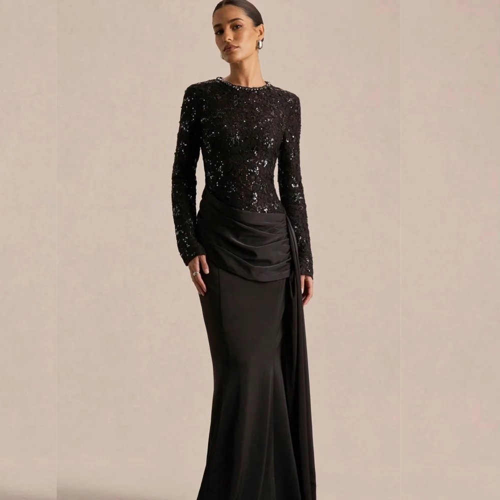 Customized Sparkle Evening Dress O-Neck Mermaid Long Dresses Sequined Long Sleeves Exquisite Party Gown Formal