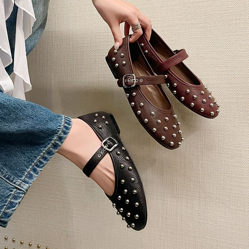 Niete runde Kopf flache Schuhe echtes Leder Sandale Schnalle Ballett Sandale Mary Jane Schuhe Sommer Loafers Casual Sneaker