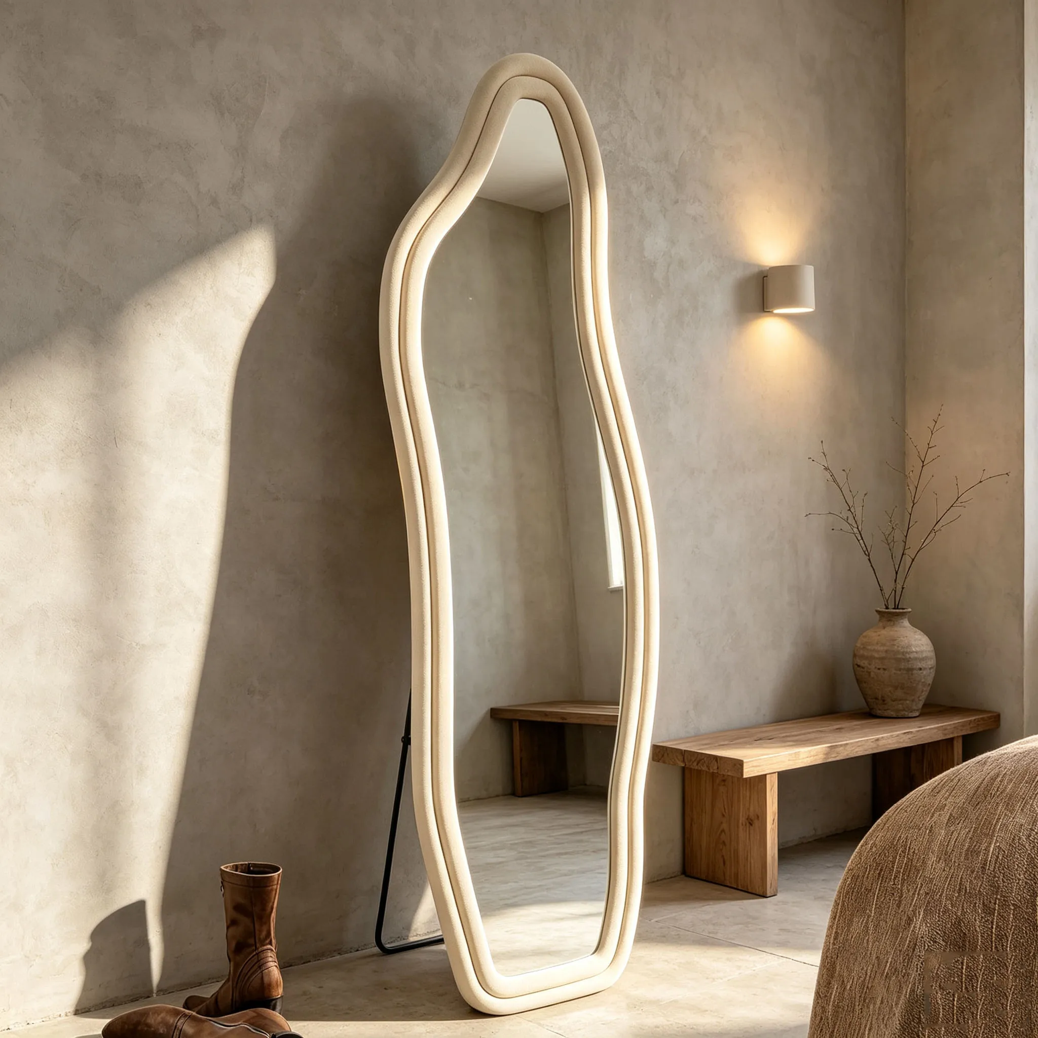 Superaly, Wellenförmiger Standspiegel, 160x50cm, Asymmetrischer Gebogener Bodenspiegel, Holzrahmen mit Flanellbezug, Ganzkörperspiegel für Schlafzimmer, Wohnzimmer, Kleiderschrank
