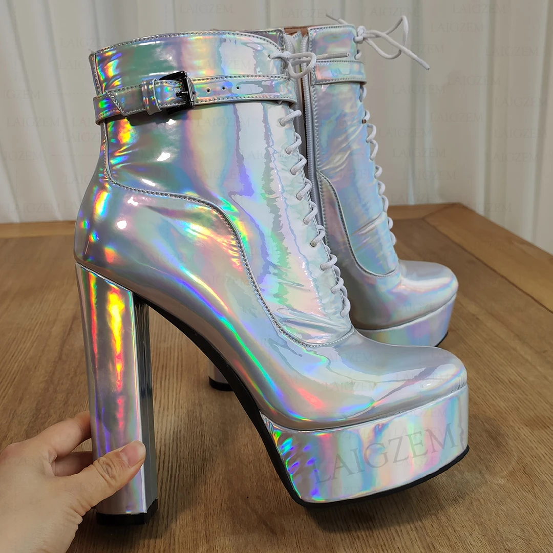BERZIMER Damen Stiefeletten Holografische Stiefeletten mit Reißverschluss und dicken High Heels Damenschuhe Frau Botas Mujer Große Größe 41 43 45 50 52