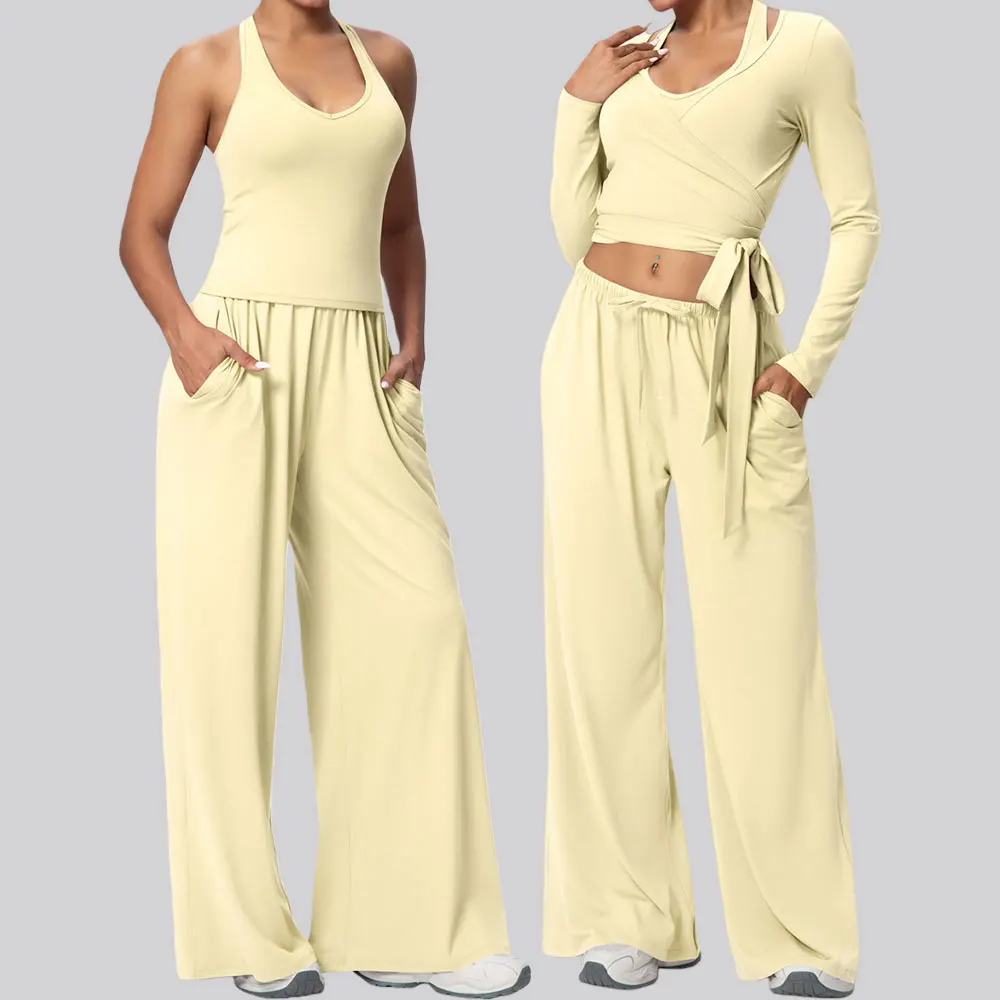 Ensemble de sport 2/3 pièces, tenue de yoga pour femmes, survêtement de fitness, pantalon large, tenue de sport à manches longues, soutien-gorge de sport, vêtements de sport