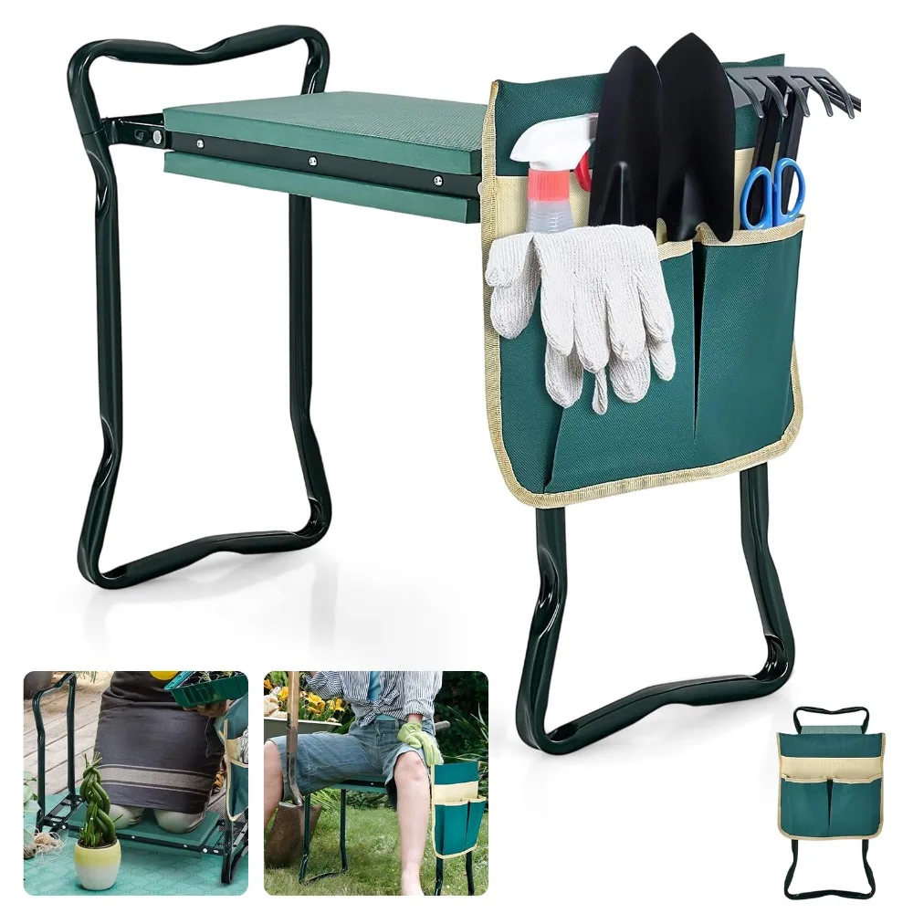 Tabouret de jardin pliable, chaise pliante pour travaux de jardinage, banc de jardin 2 en 1 avec coussin de genouillère, capacité de charge de 150 kg