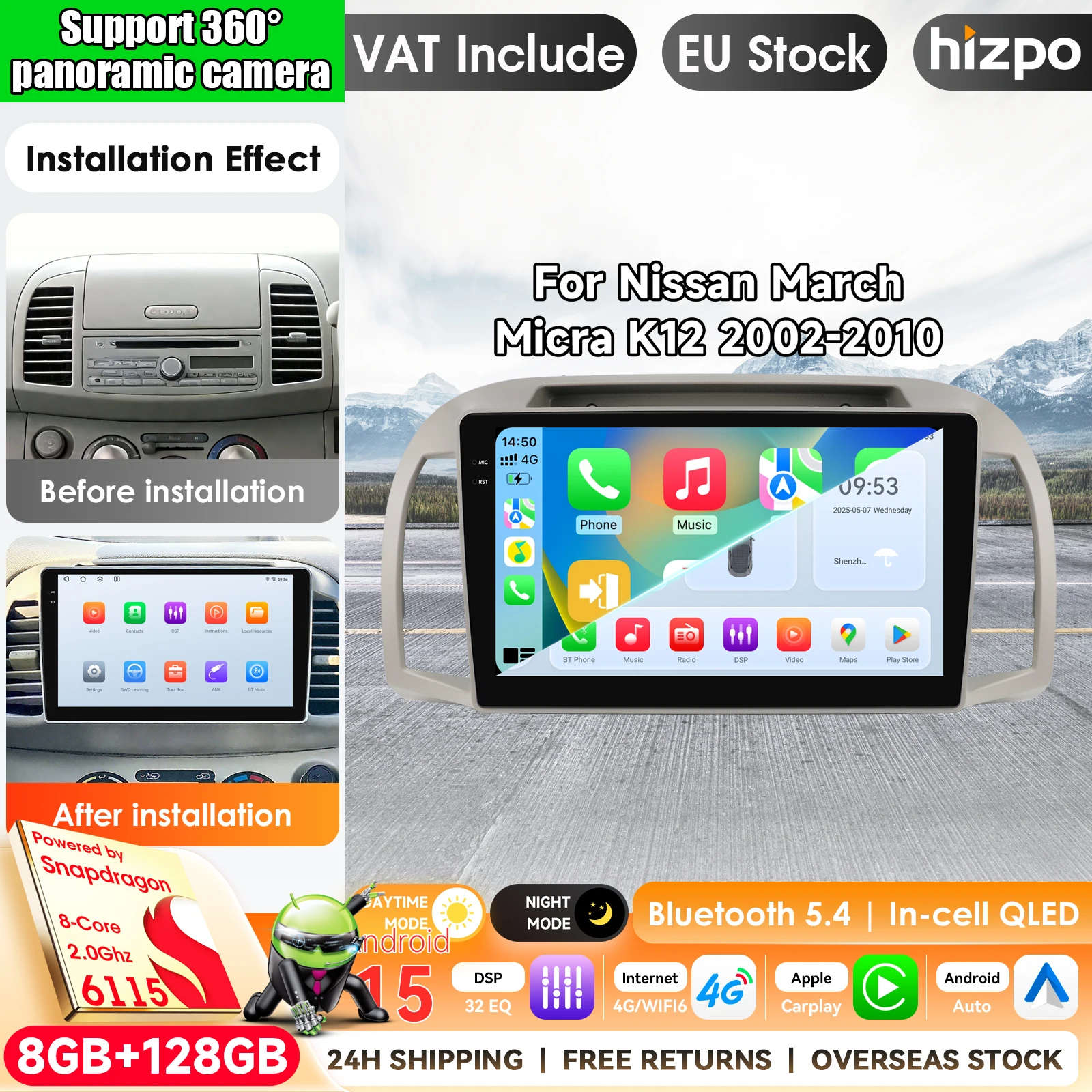 Carplay Android Autoradio für Nissan March Micra K12 2002-2010 Auto GPS-Navigation Headunit Stereo 4G WIFI Multimedia Kabelloses Touch-Display Airplay Autoradio-Player Stereo GPS-Navigation