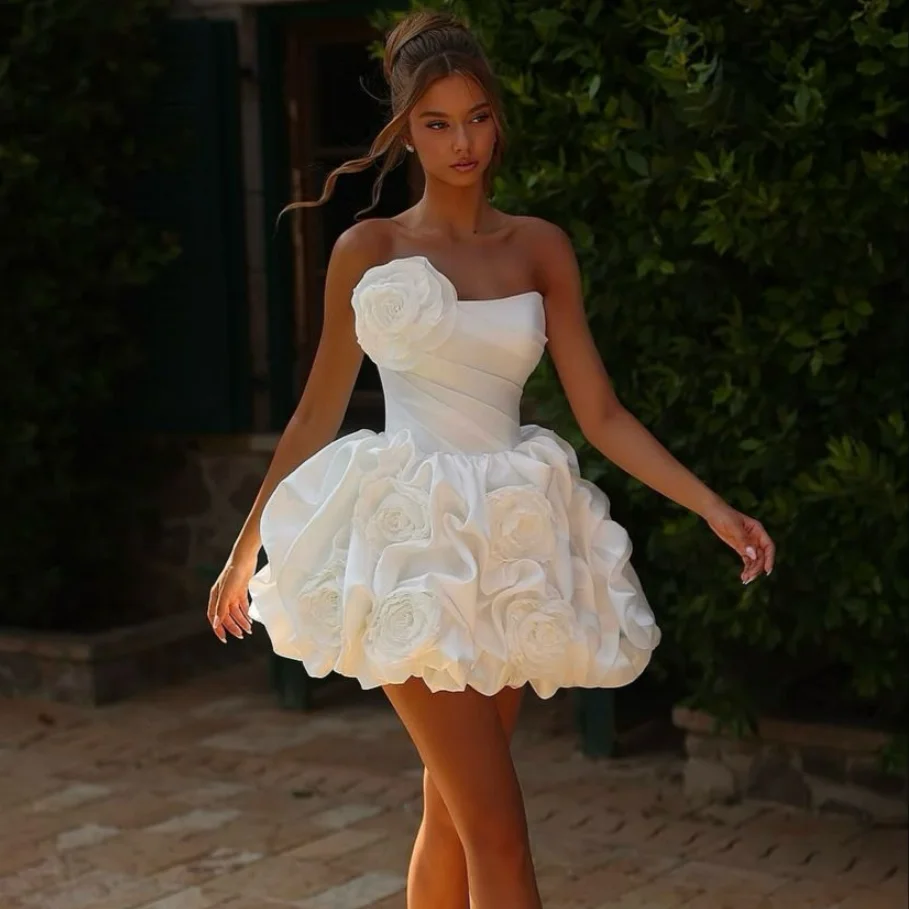 Elegant Strapless 3D Rose Satin Mini Ball Dress Wrinkled Tight corset Bubble Skirt Bridal Reception Dress Customization