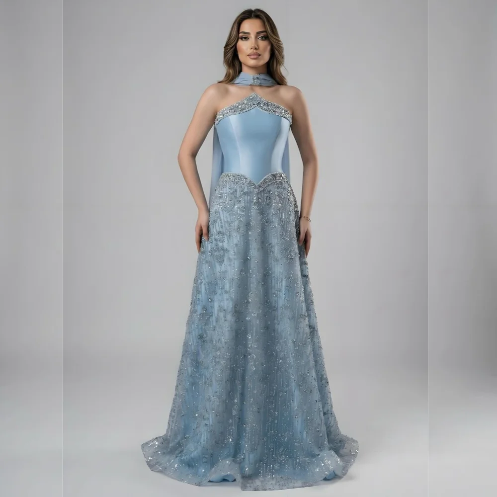 Customized Glitter Pleat sleeveless A-line Long Dresses Luxury Evening Dress Bespoke Occasion Elegant Party Wedding