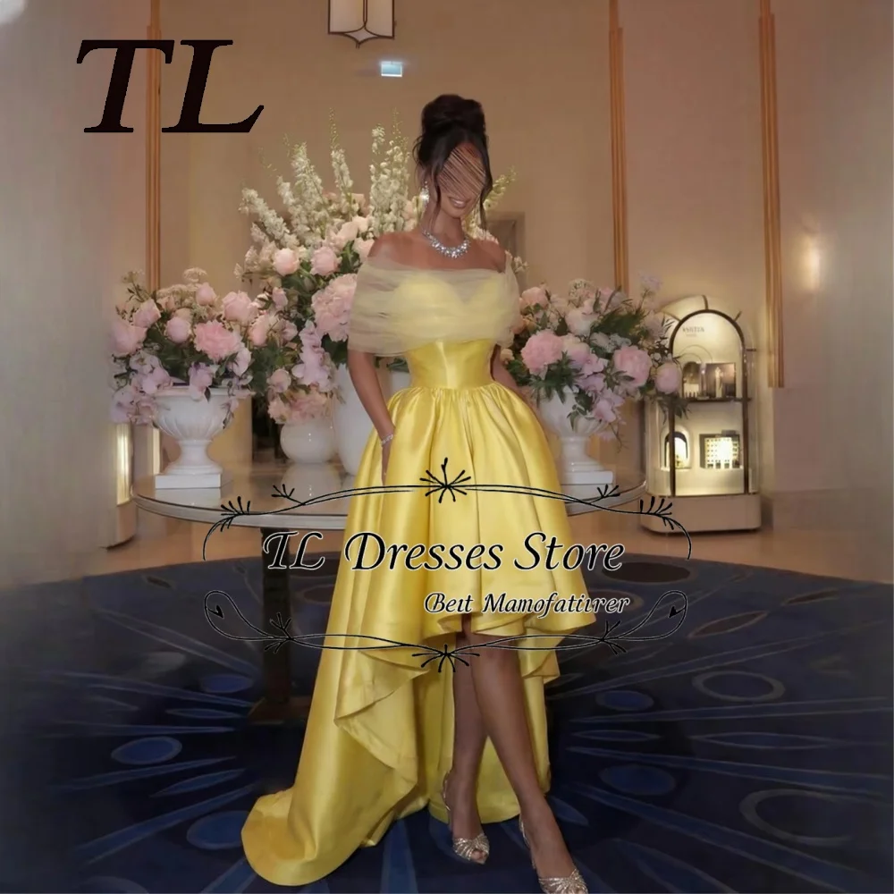 TL Yellow Satin Evening Dresses High Low Ankle Length Prom Gowns Strapless Backless Modern Wedding Party Attire Customized