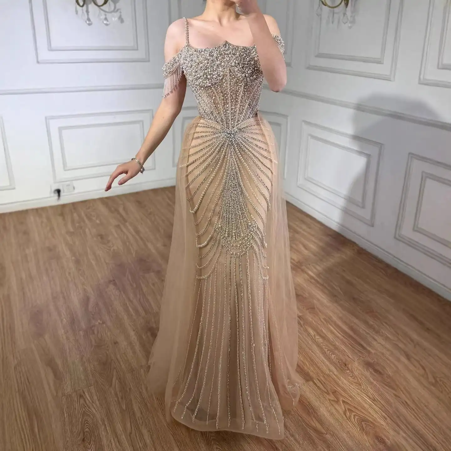 Luxury Off Shoulder Tassel Sleeve Heavy Beaded Sheer Tulle Mermaid Evening Dresses Radiating Rhinestone Long Prom Dresses