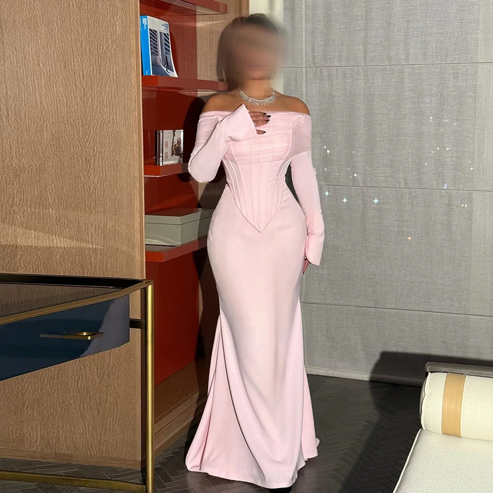 Customized Women's Evening Dresses Jersey Mermaid/Trumpet Birthday Dress Pink Off-the-shoulder Pleat Ruched Prom Dresses Long