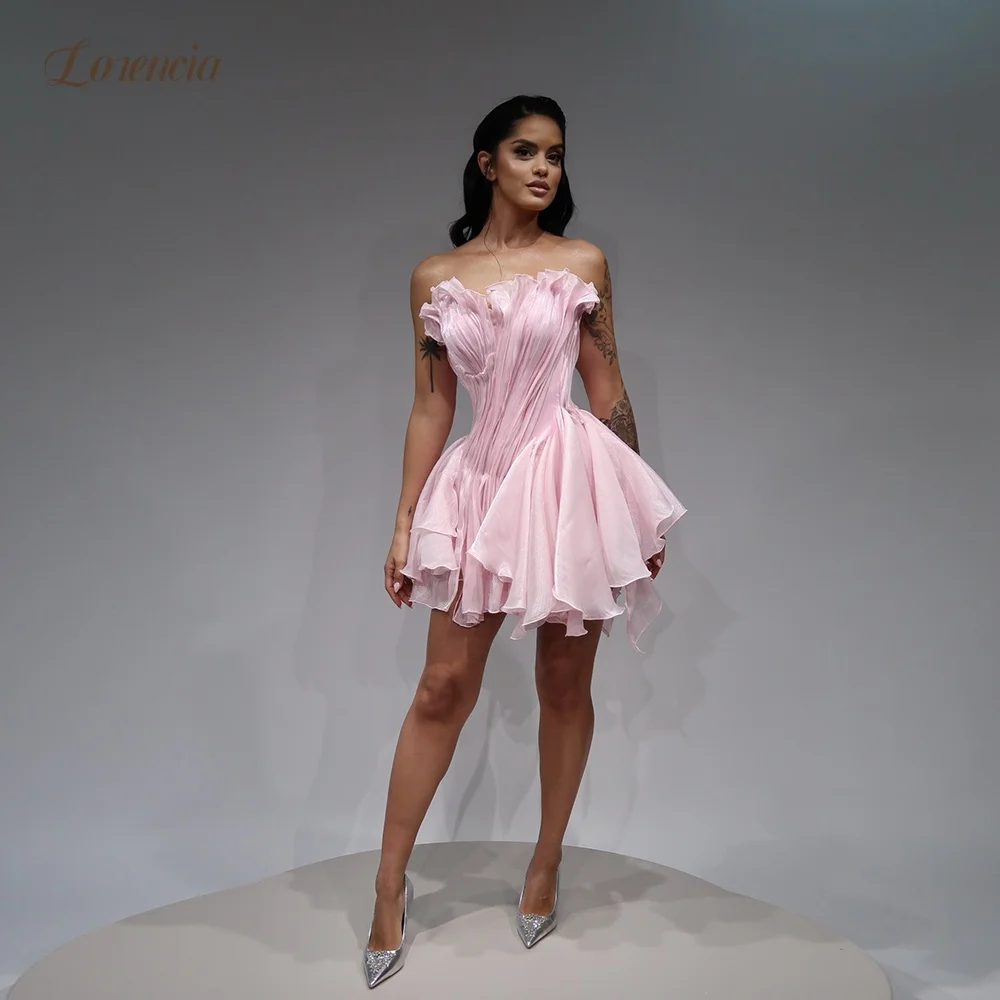 Lorencia Pink Organza Short Prom Dresses Scalloped Ruched Ruffles Mini Party Gowns Customized Above Knee Homecoming Dresses