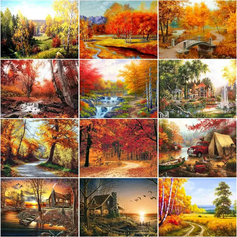 RUOPOTY cadre photo bricolage peinture à l'huile par numéros Kits acrylique mur Art décors à la maison automne forêt coloriage par numéros pour bricolage Gi