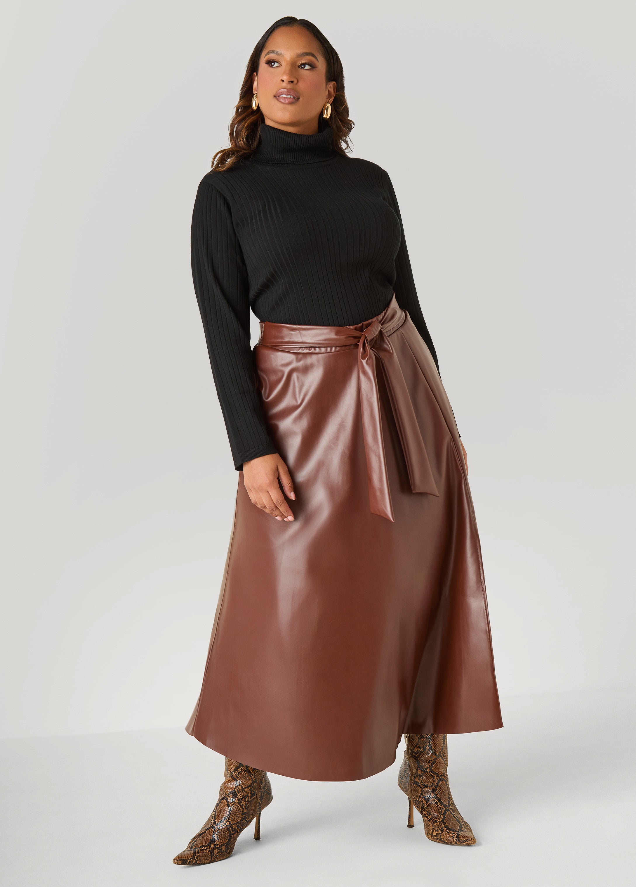 Plus Size Belted Faux Leather Maxi Skirt