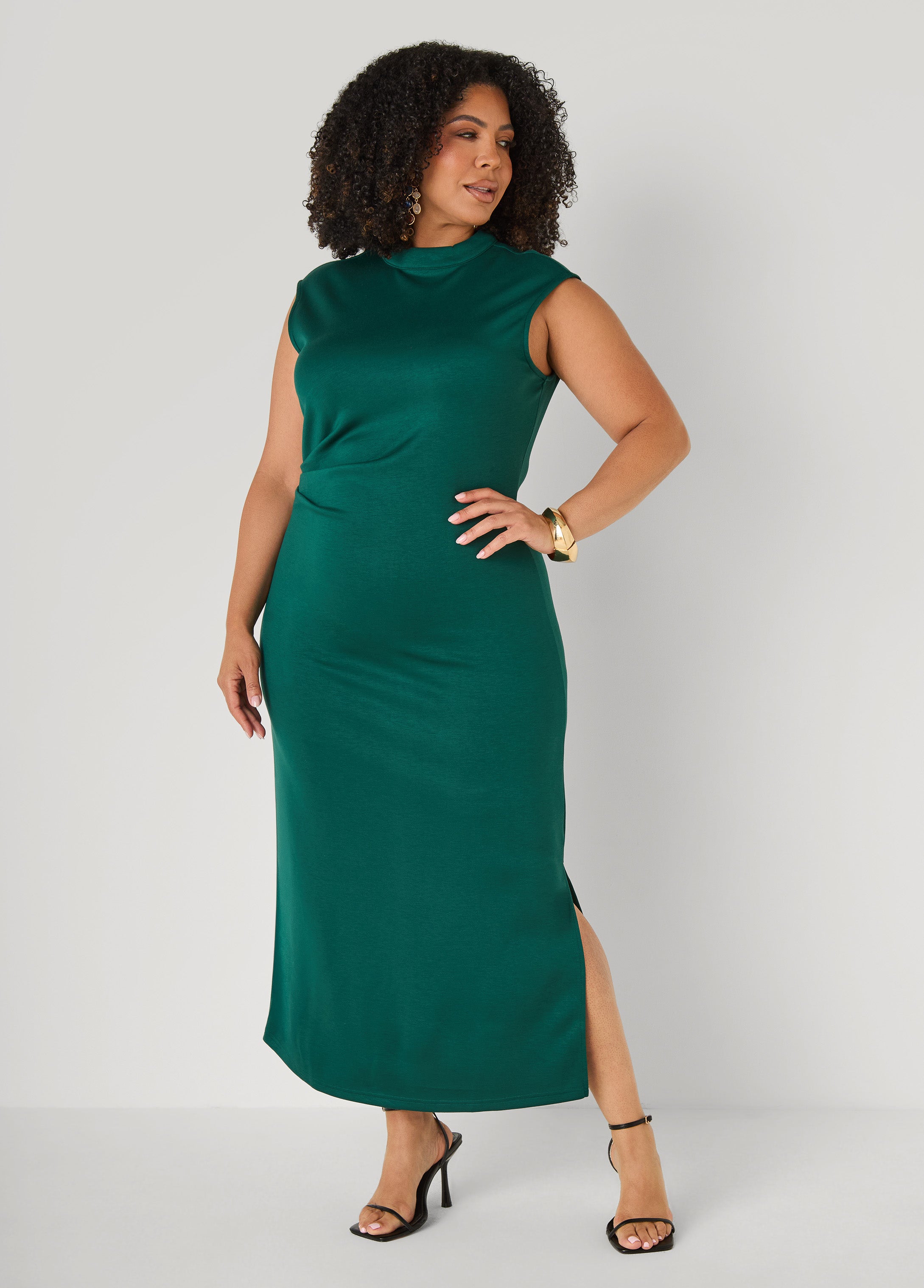 Plus Size Pleated Mock Neck Maxi Dress