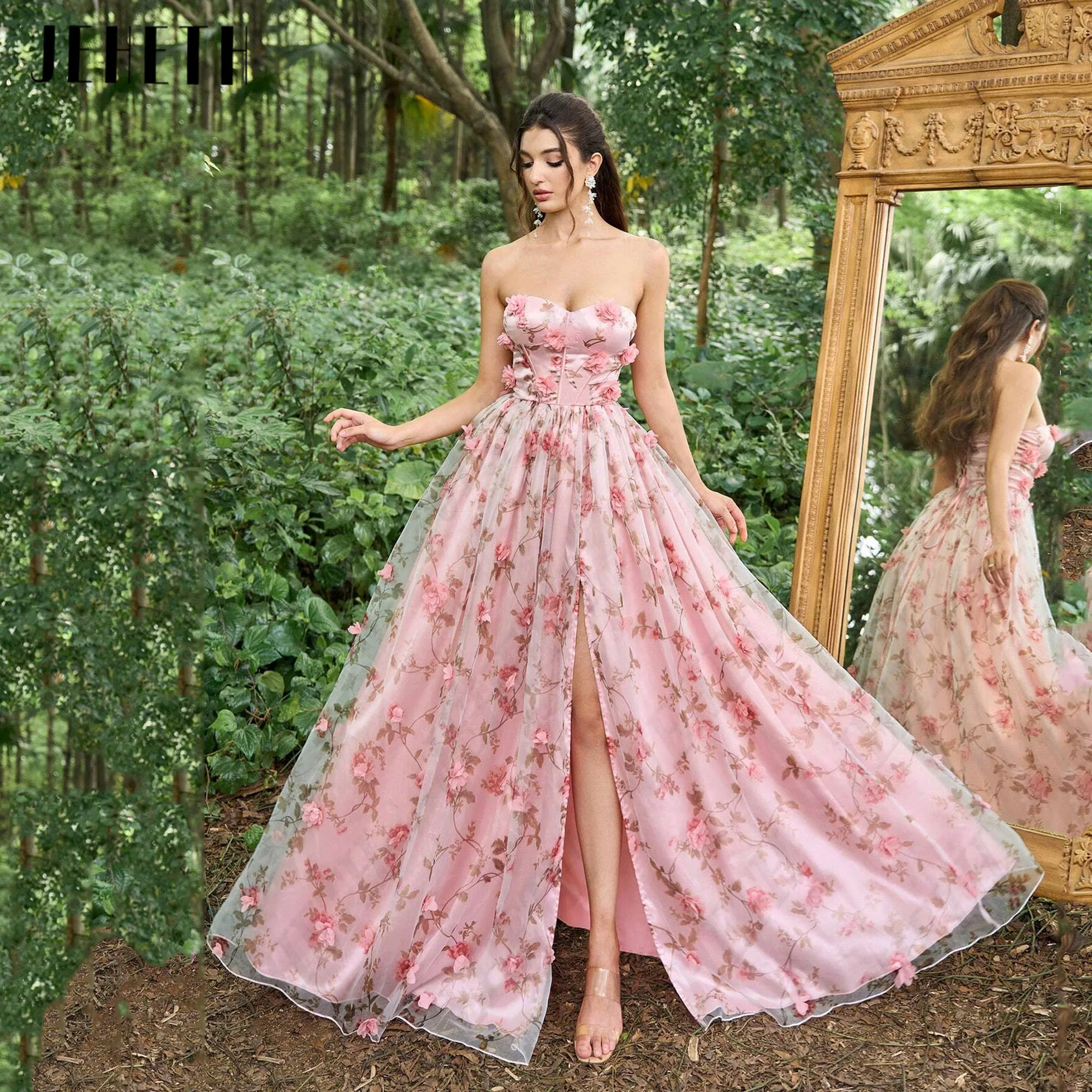 JEHETH Flowers Long Prom Party Dress Side Split Lace Evening Gowns Strapless Floral Print A-Line Floor Length Vestidos De Gala
