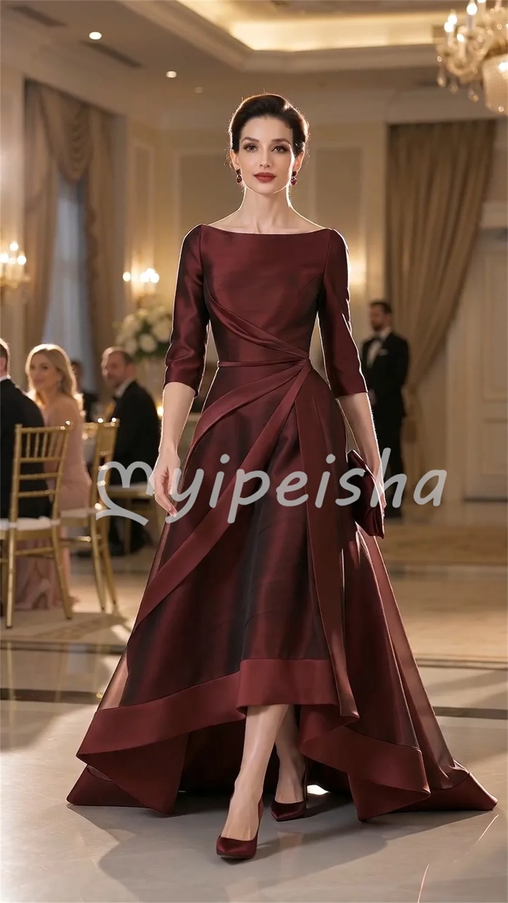 Organza Burgundy Fashion Sizes Available Pleat Ruched A-line Boat Neck Floor-Length Evening Dresses for Party Gowns Customized