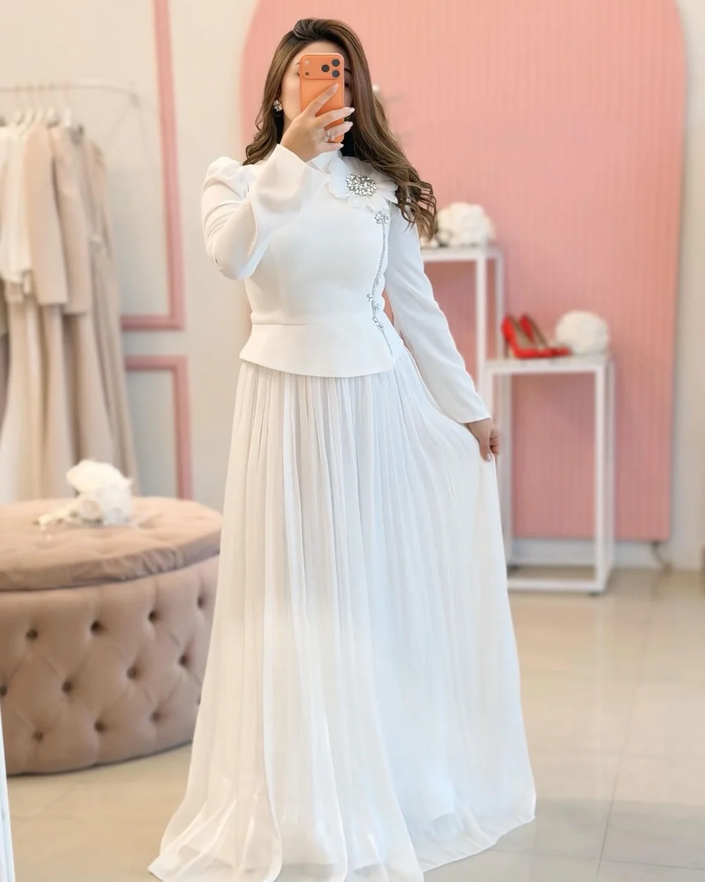 Customized Ivory Jersey Handmade Flower Rhinestone A-line High Collar Long Dresses for Woman Evening Dresses Elegant Modest
