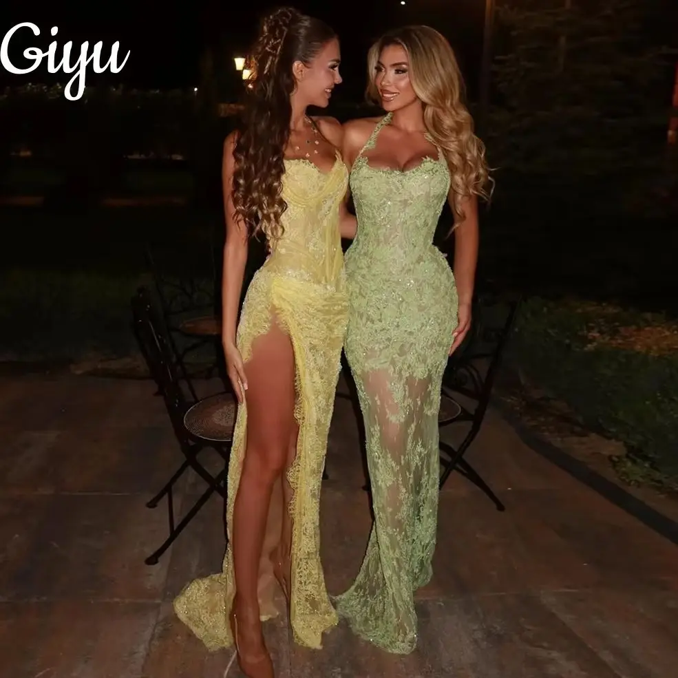 Giyu Sexy Evening Dresses Arabic Dubai Halter Sequin Lace Side High Slit Floor Length Wedding Party Dress Prom Gowns Customsied