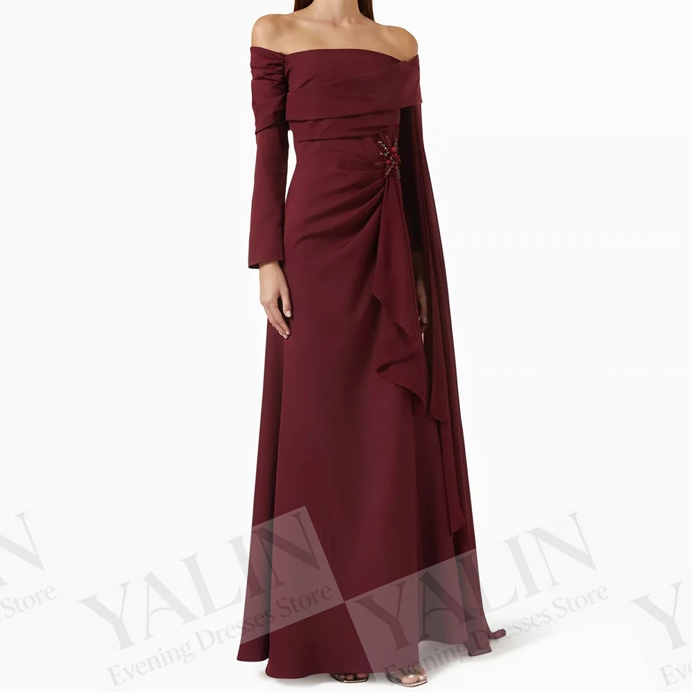 Women's A-line Evening Dresses Floor-length Off The Shoulder Full Sleeve Prom Dresses Fashion Flowers Crystal Customized Gowns