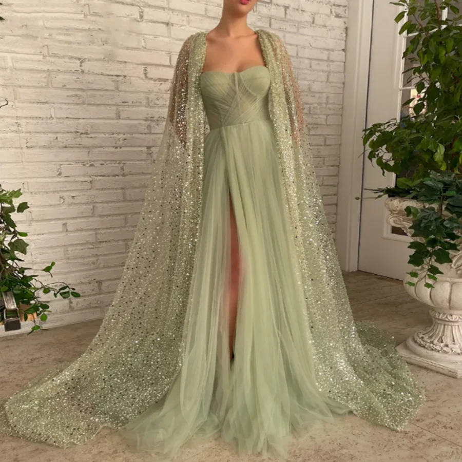 Sweetheart High Slit Tulle Evening Gowns Formal Party Gown Sage Green A-Line Prom Dresses With Glitter Sequin Lace Cape