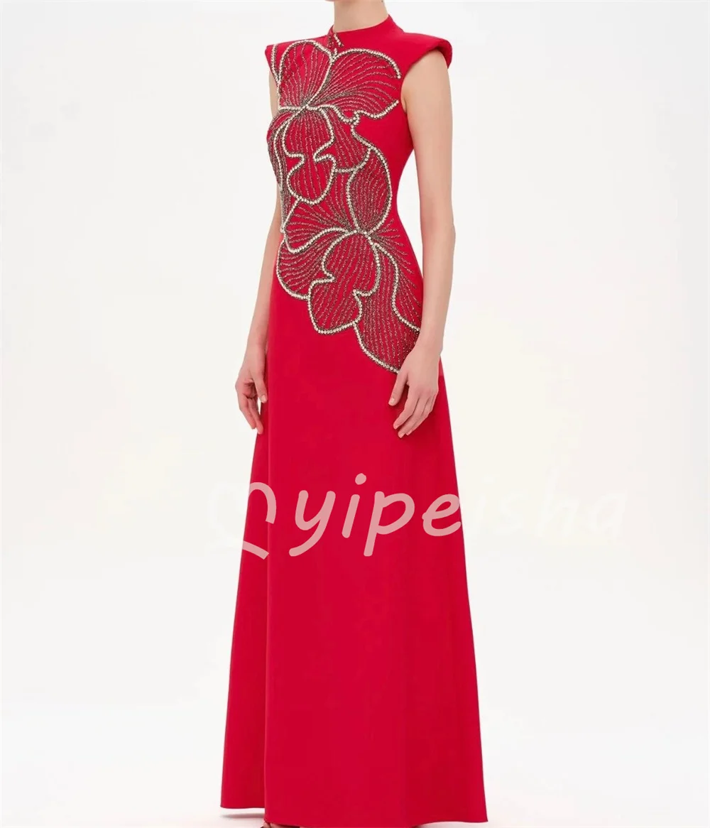 Sparkle Charming Red Jersey Beading Crystal Sequined A-line High Collar for Woman Floor-Length Evening Dresses Sexy Customized