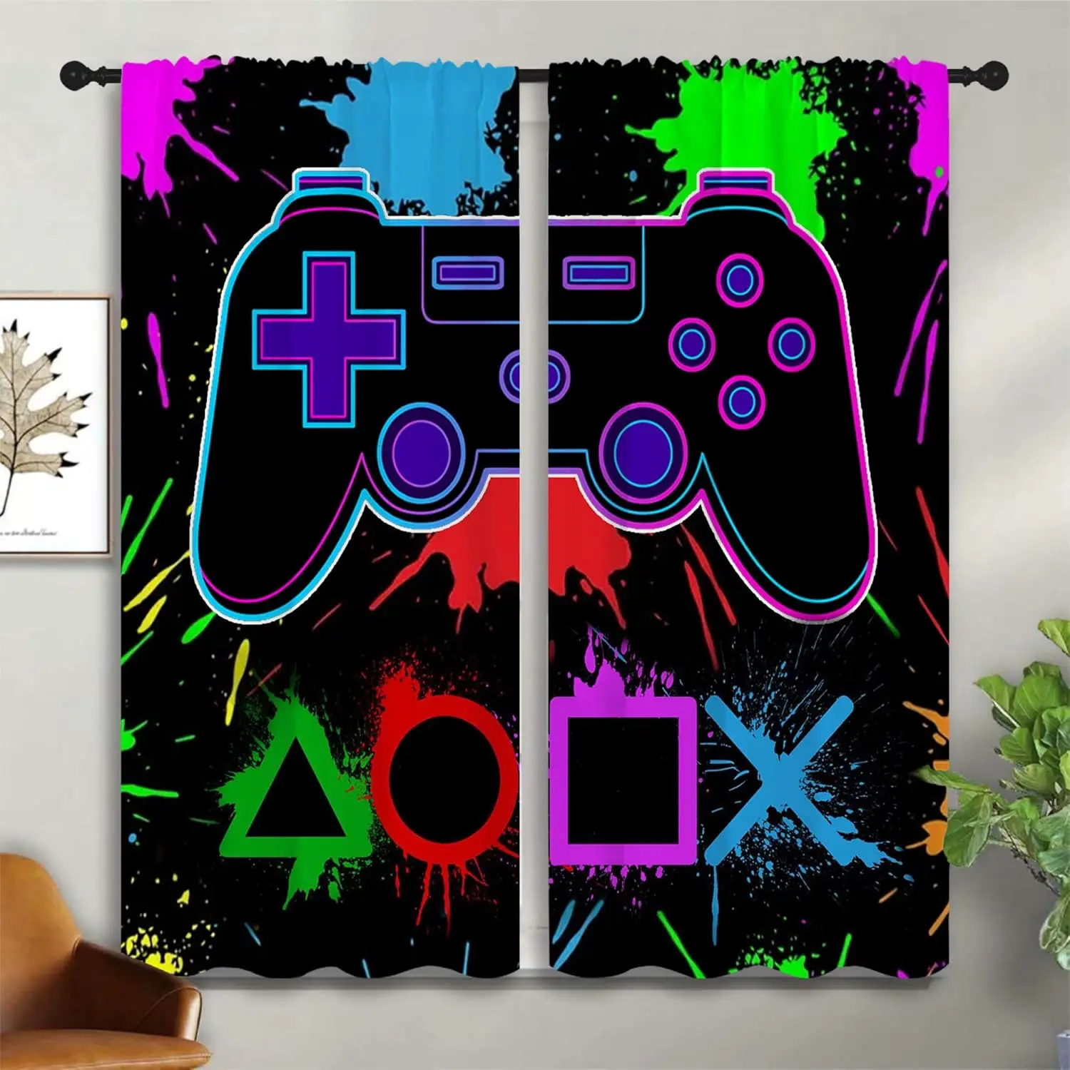 Gamer Gaming Gamepad Rod Pocket Blackout Curtains for Boy Girl Bedroom, Colorful Splash Art Video Game Controller Thermal