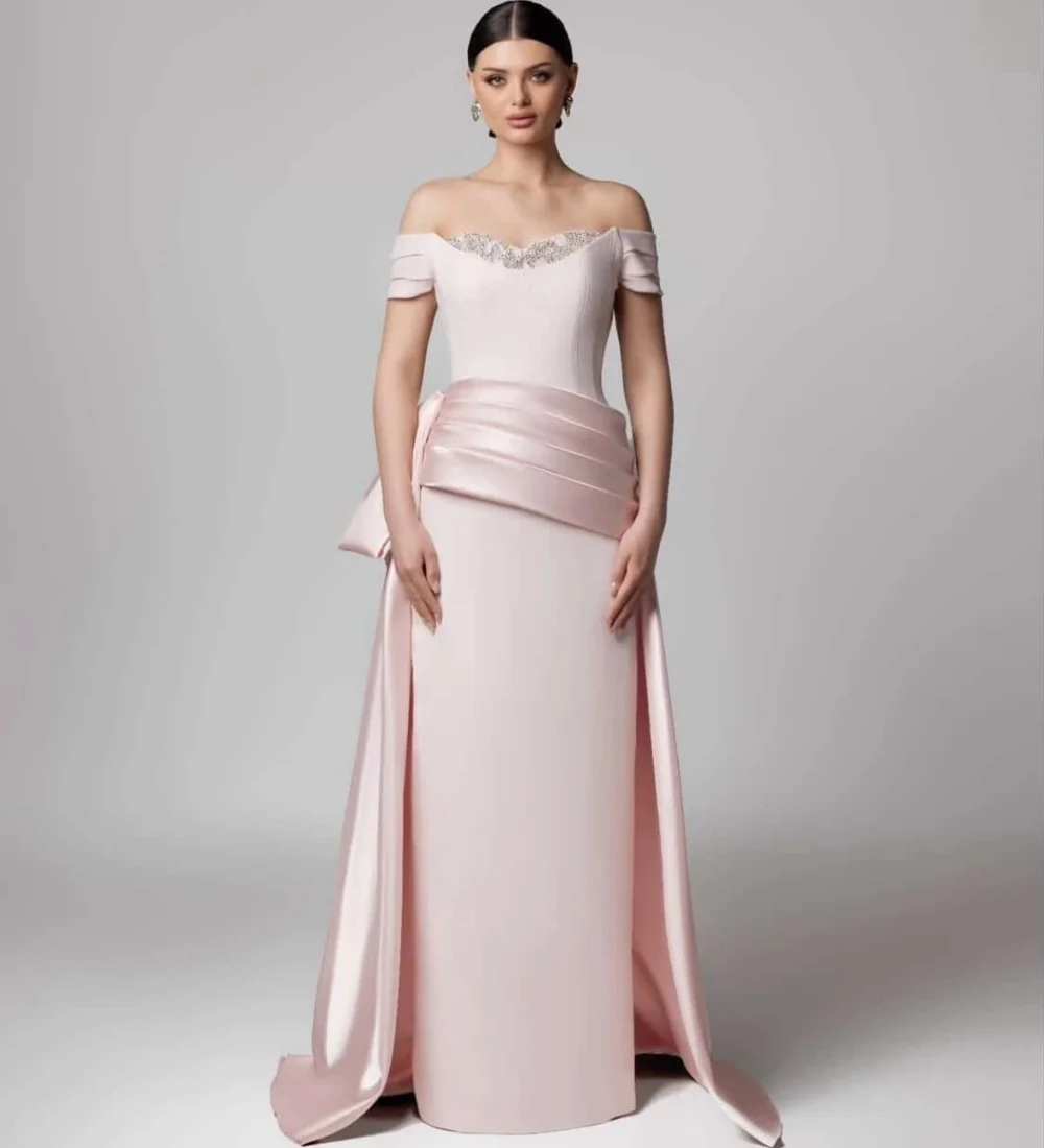 Customized Pink Exquisite Pastrol Pleat Draped Beading Sequined Bow Straight Off-the-shoulder Floor-Length Evening Dresses