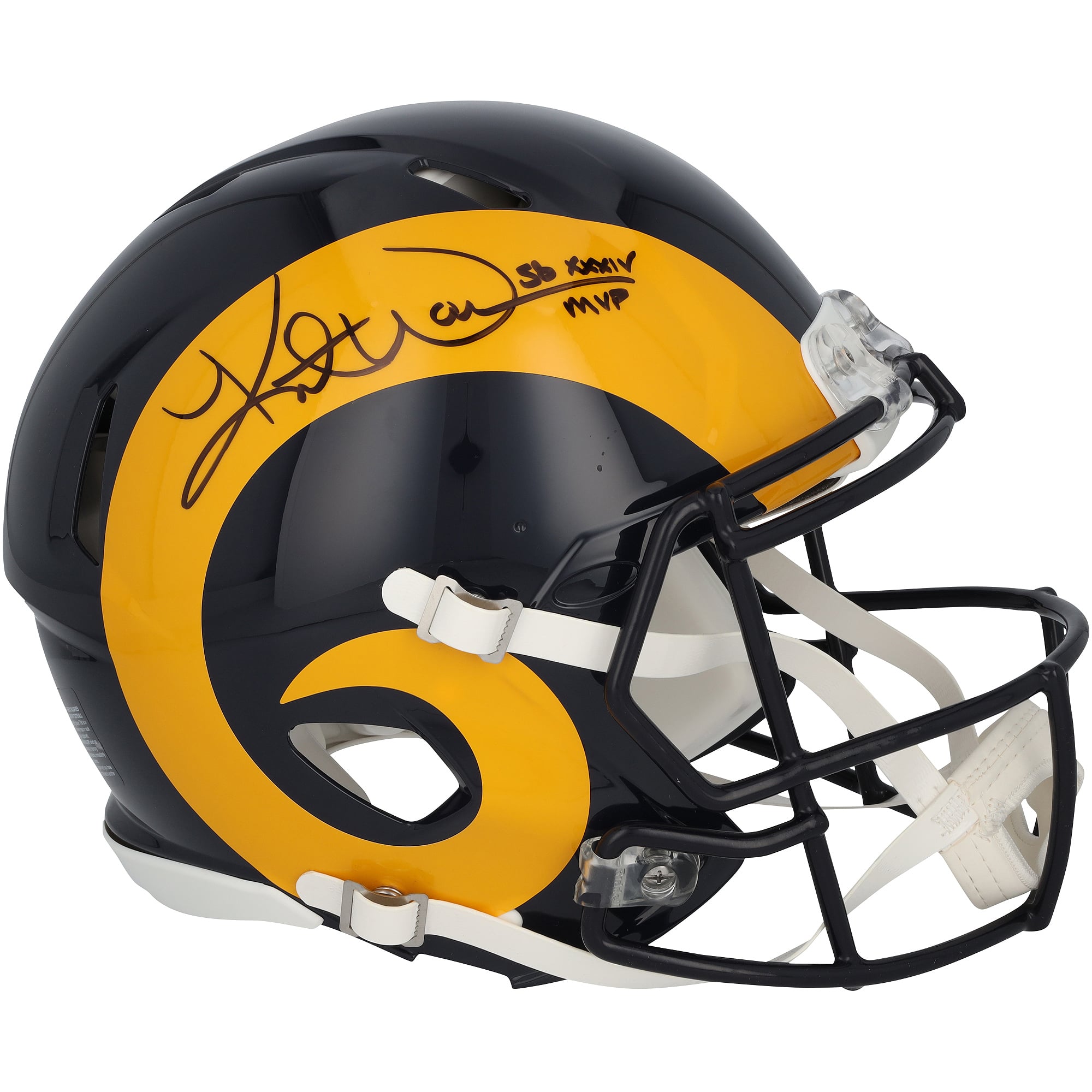 Kurt Warner, Los Angeles Rams, signierter Riddell Throwback Speed ​​Authentic Helm (1981–1999) mit der Inschrift „SB XXXIV MVP“.