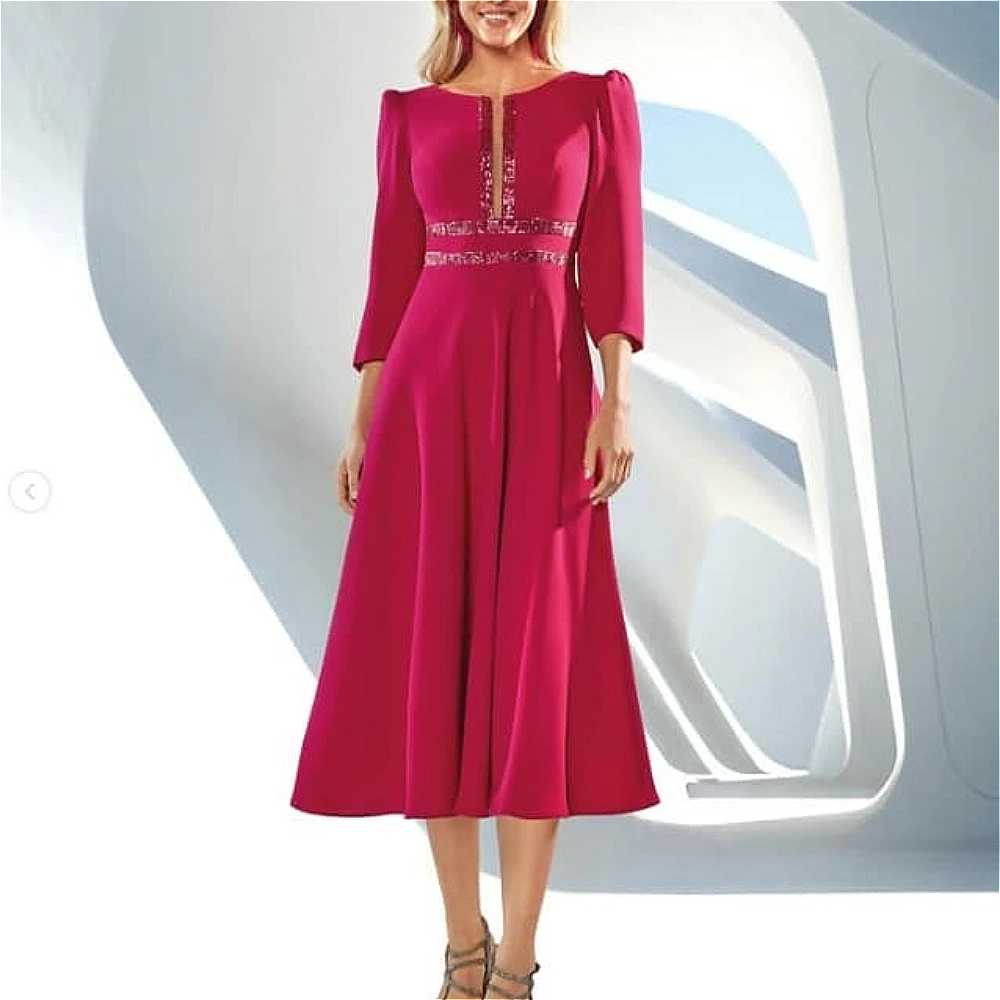 Customized Fuchsia A Line Mother of the Bride Dress 3/4 Puff Sleeve Rhinestone Waist Flared Wedding Guest Formal Gown