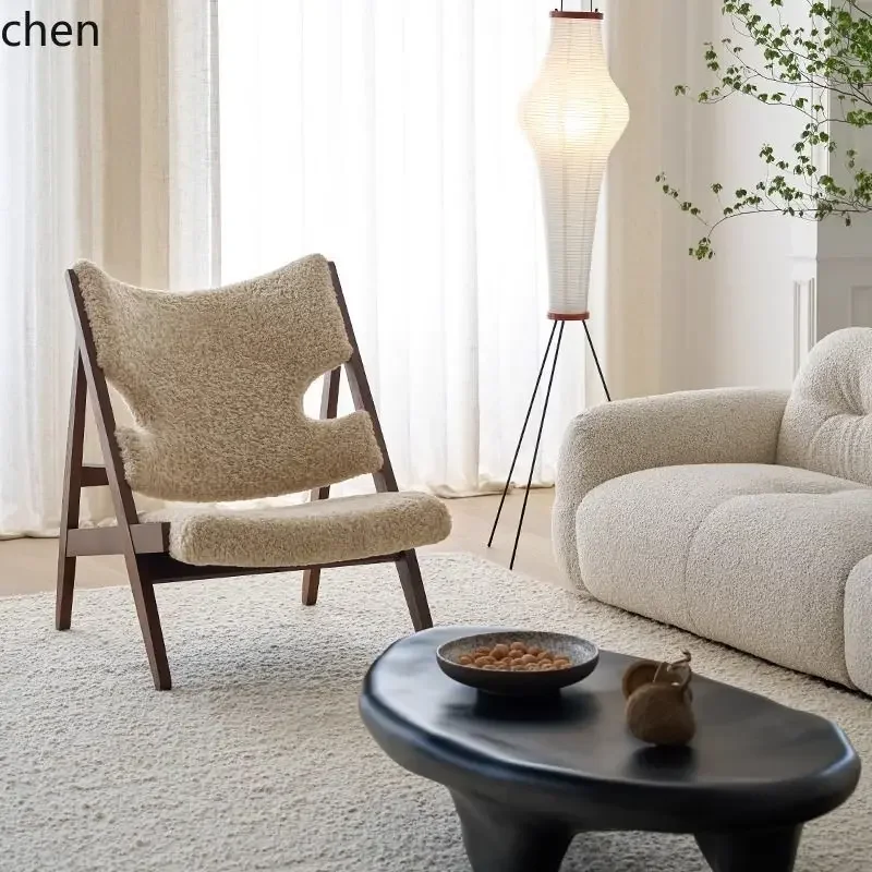 HT Vintage Mid-Century Massivholz-Sofa-Sessel Lammwolle Einzelsofa-Sessel