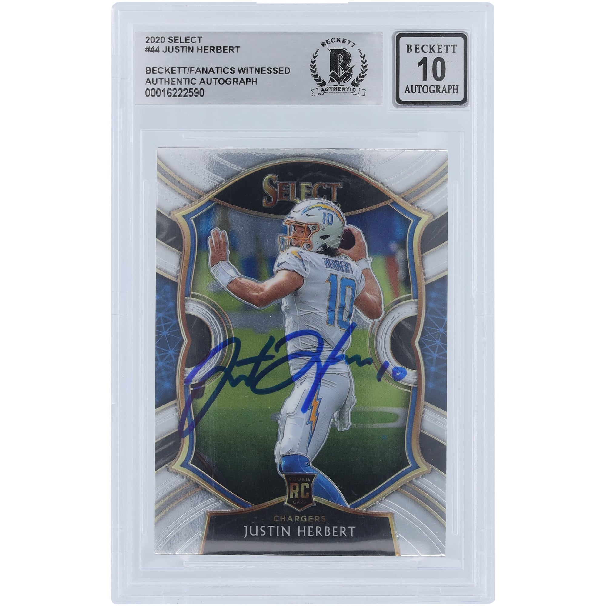 Justin Herbert Los Angeles Chargers Carte de recrue Panini Select #44 2020 autographiée Beckett Fanatics Witnessed Authenticated 10 Rookie - No Gender Taille: No Size