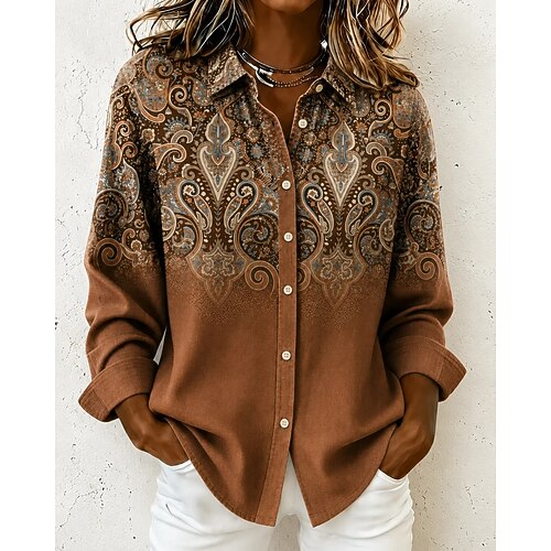 Per donna Camicia Bottoni Stampato Grafico Piuma Vintage Elegante Moderno Manica Lunga Colletto a Camicia Top Regolari Casuale Quotidiano Giallo Marrone Verde Primavera Autunno