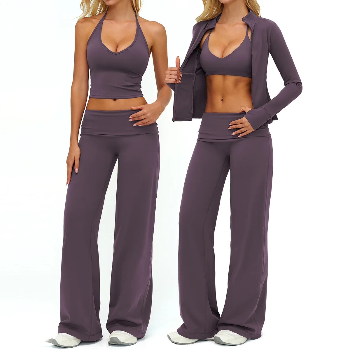 Ensemble de Yoga pour femmes, vêtements de sport, vêtements de sport, tenues d'entraînement, pantalons à jambes larges, soutien-gorge de Fitness, haut court, combinaisons de sport à manches longues