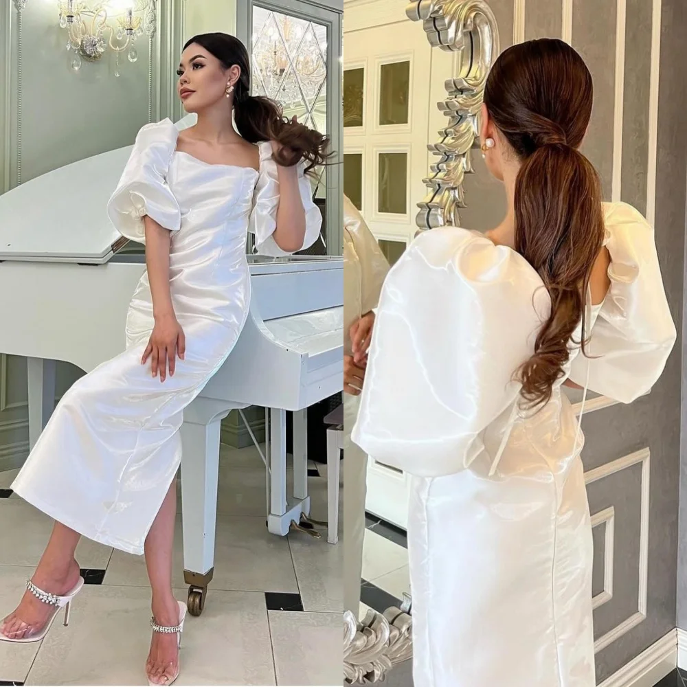 Customized Exquisite Satin Ruffle Straight Square Neck Midi Dresses Homecoming Dresses Classic Modern Style Chinese Style