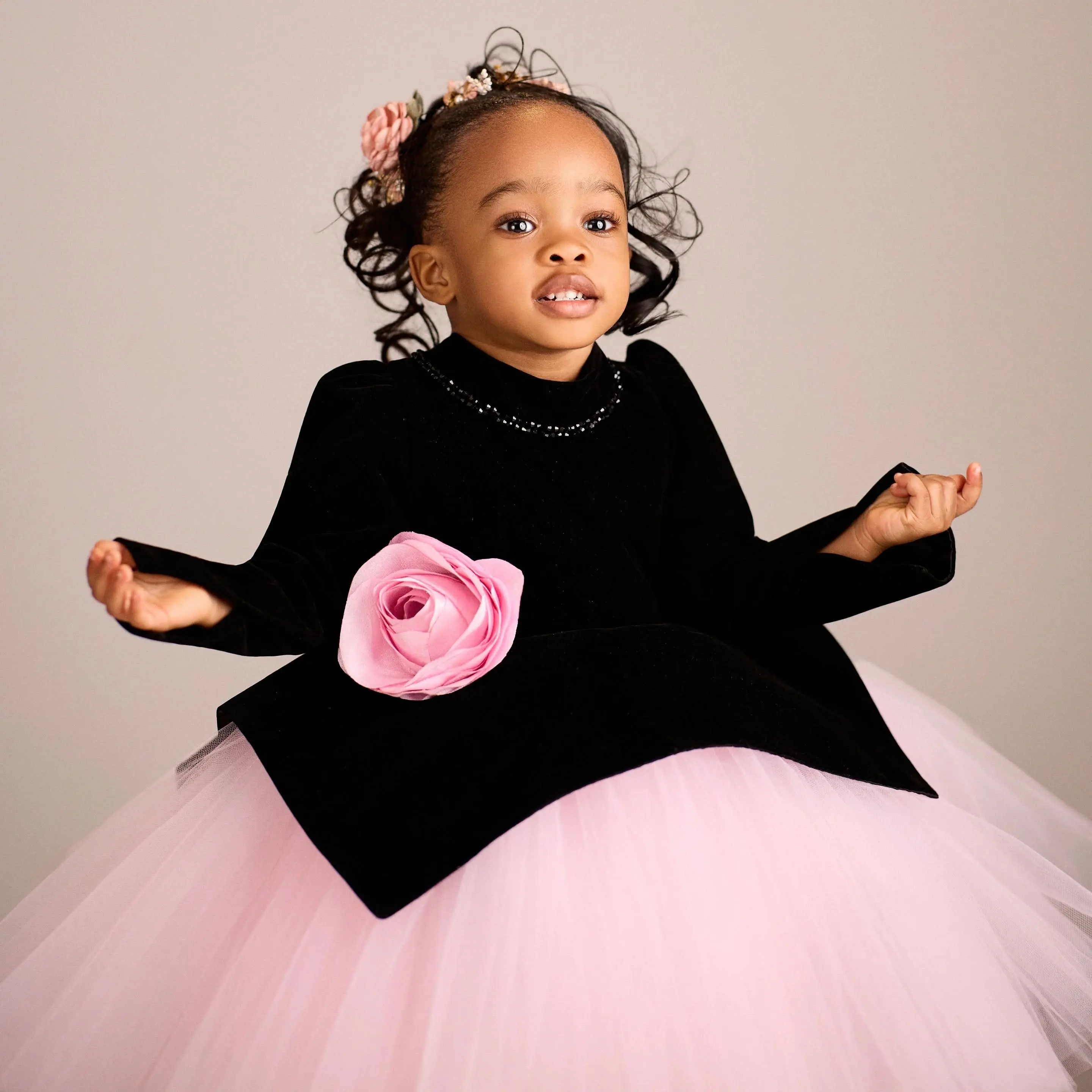 Black & Pink Girl's Birthday Party Dresses Customized Knee Length Flower Girl Dress for Wedding Princess Baby Kids Pageant Gown