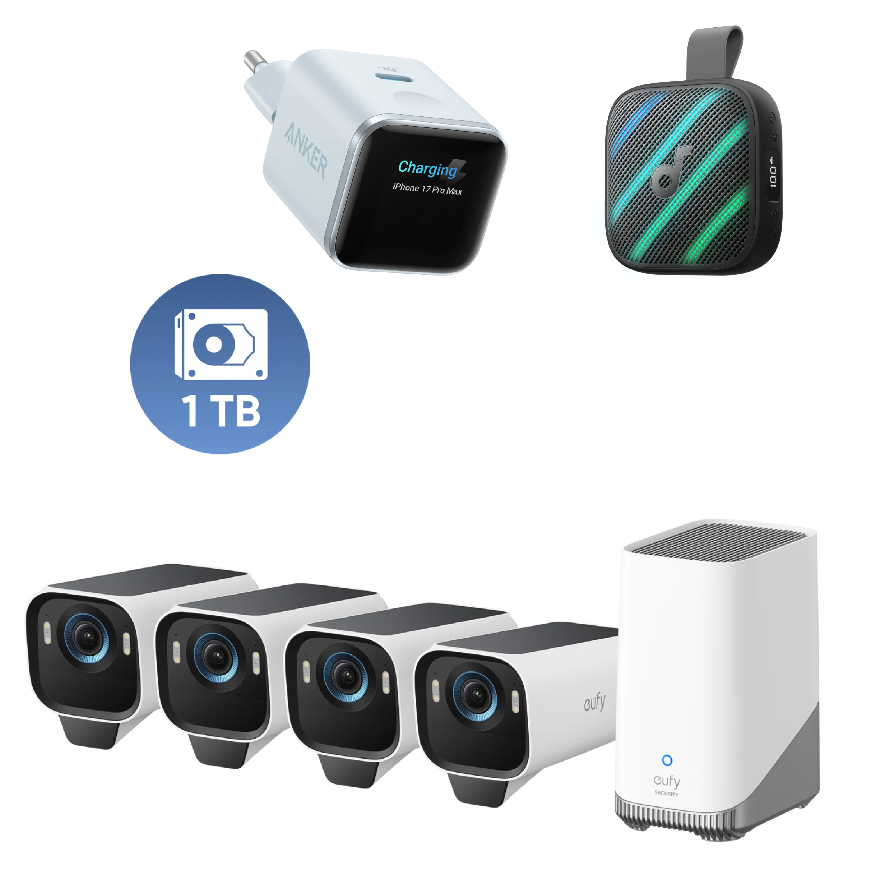 Anker eufyCam S3 Pro 4‑Kamera‑Set mit 1TB Festplatte, Anker Nano Ladegerät (45W, Smart Display) und soundcore Boom Go 3i