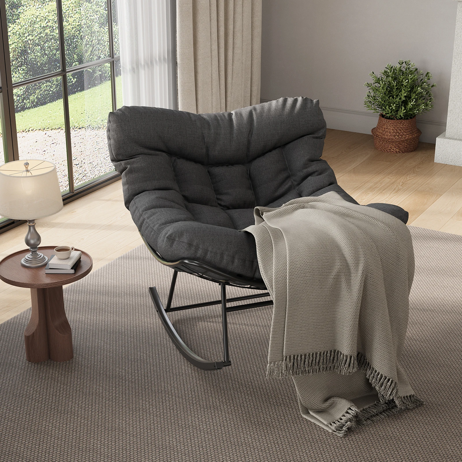 Eiförmiger Schaukelstuhl aus Metall für den Außenbereich, wetterfest, mit Kissen, Relaxsessel für Garten, Terrasse, Balkon, Schwarz-Grau